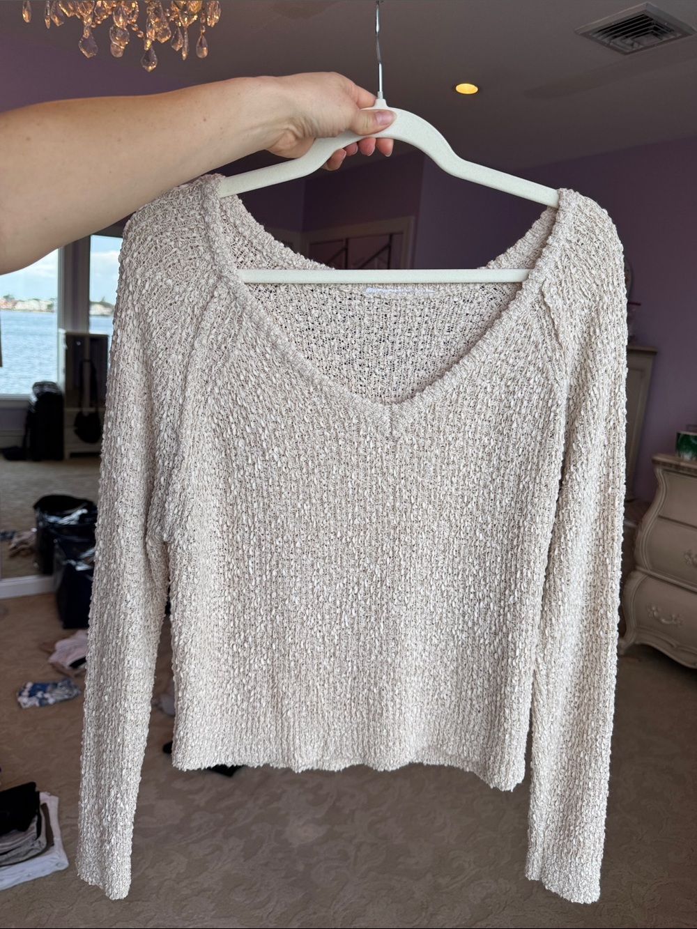 Free People Opal V-Neck Textured Pullover Beige Sweater